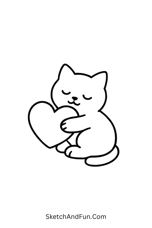 Sleepy cat hugging heart pillow for valentine cute heart drawings