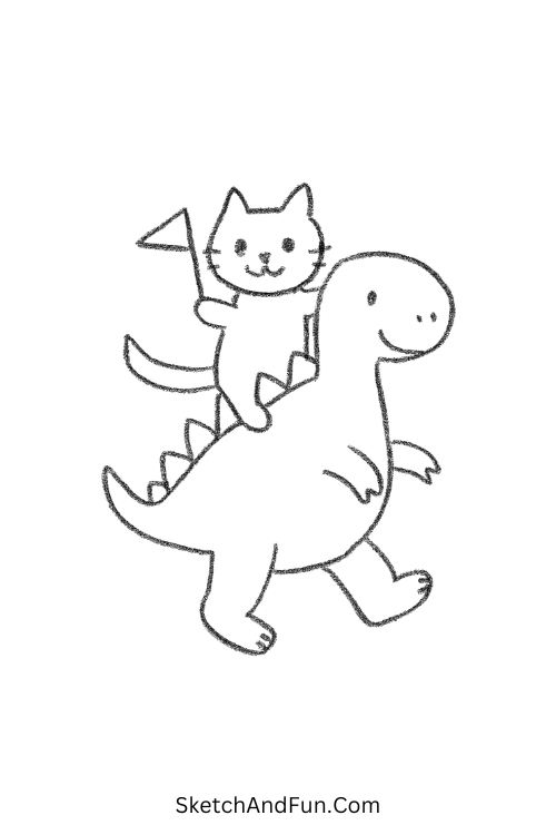 Cat riding dinosaur made for funny imaginative drawings