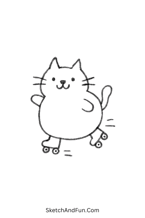 Chubby cat on roller skates in funny animal drawings easy style