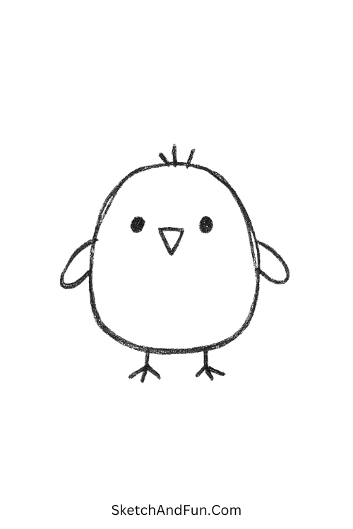 Round chubby bird with tiny feet great for easy cute drawing ideas.