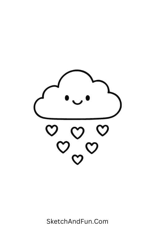 Cloud raining heart-shaped raindrops for valentine’s day black and white drawing