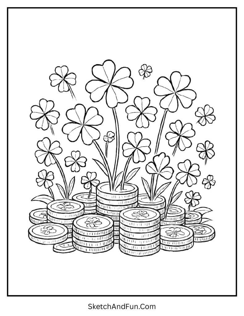 Clovers growing from gold coins for St Patrick’s Day coloring pages simple designs