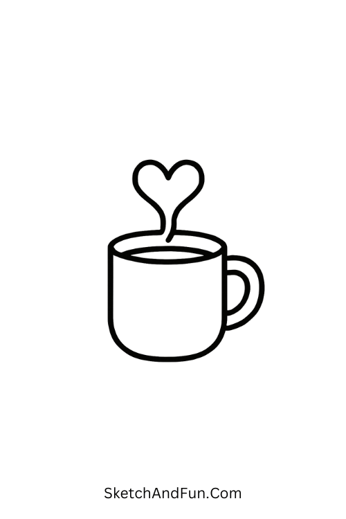 Coffee mug with heart-shaped steam for valentine cartoon drawing