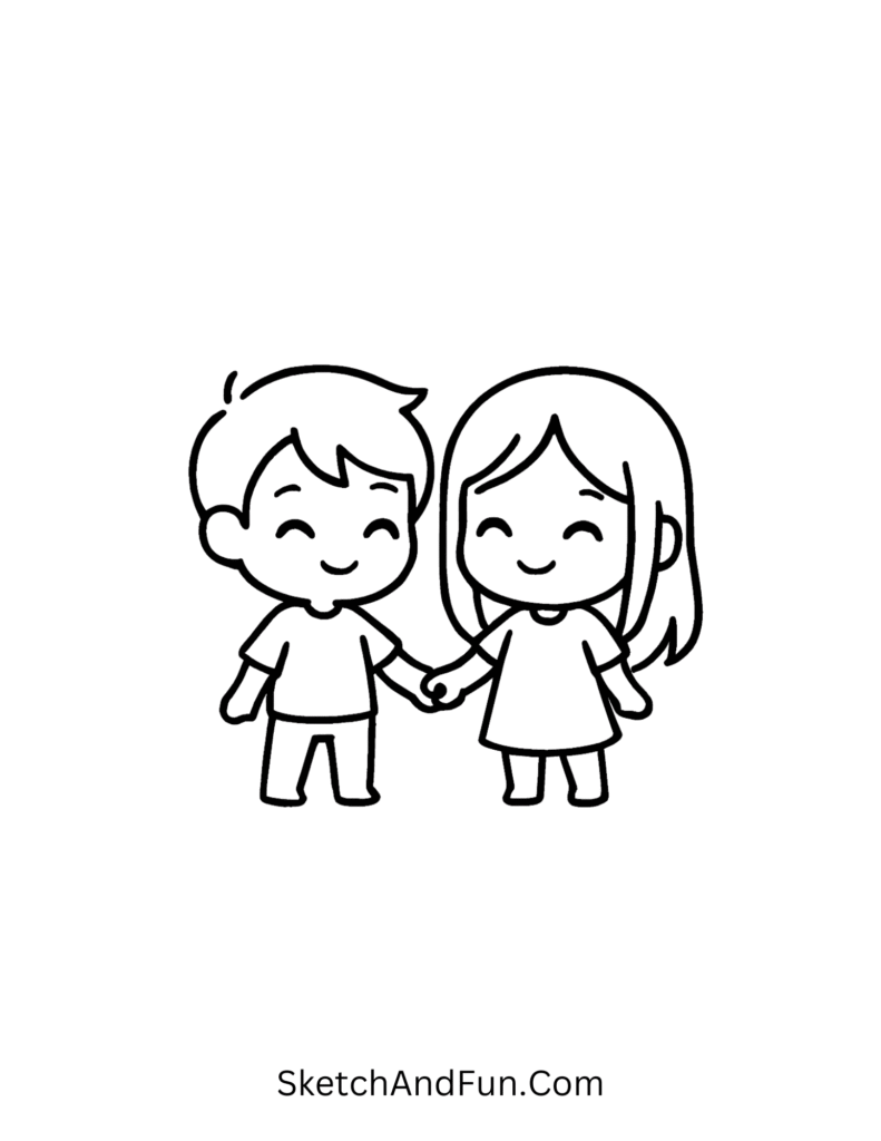 Chibi couple holding hands, cute doodles for boyfriend coloring pages