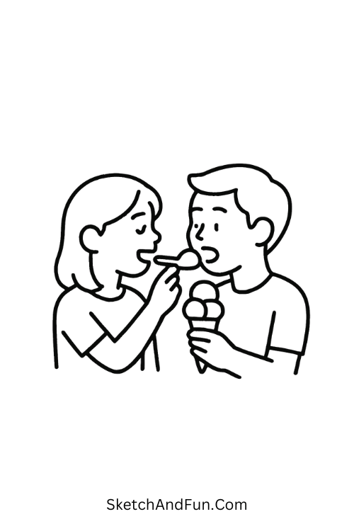 Couple feeding ice cream, doodle couple sharing ice cream