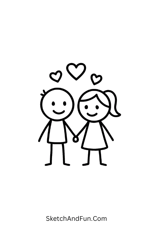 Couple stick figures under hearts for valentine drawing for school