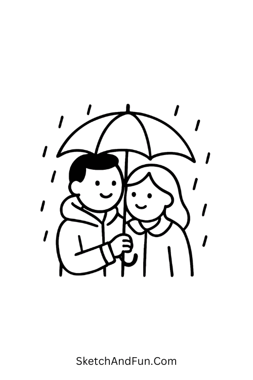 Couple cozy under umbrella, doodle couples under umbrella