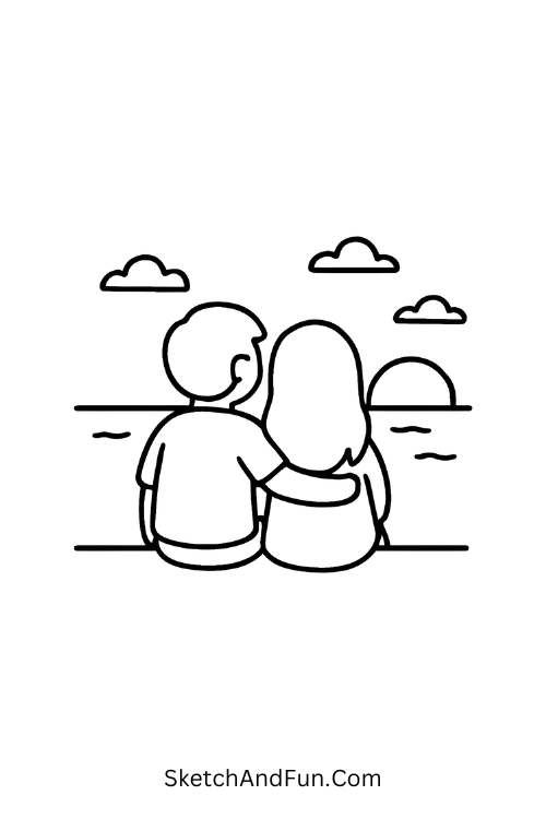 Couple enjoying sunset, minimalist love doodles