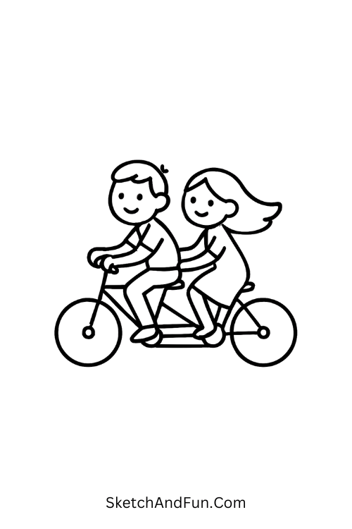 Couple on tandem bike, doodle sketches of couples