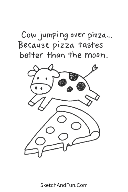 Cow jumping over pizza slice in funny cartoon drawing ideas style