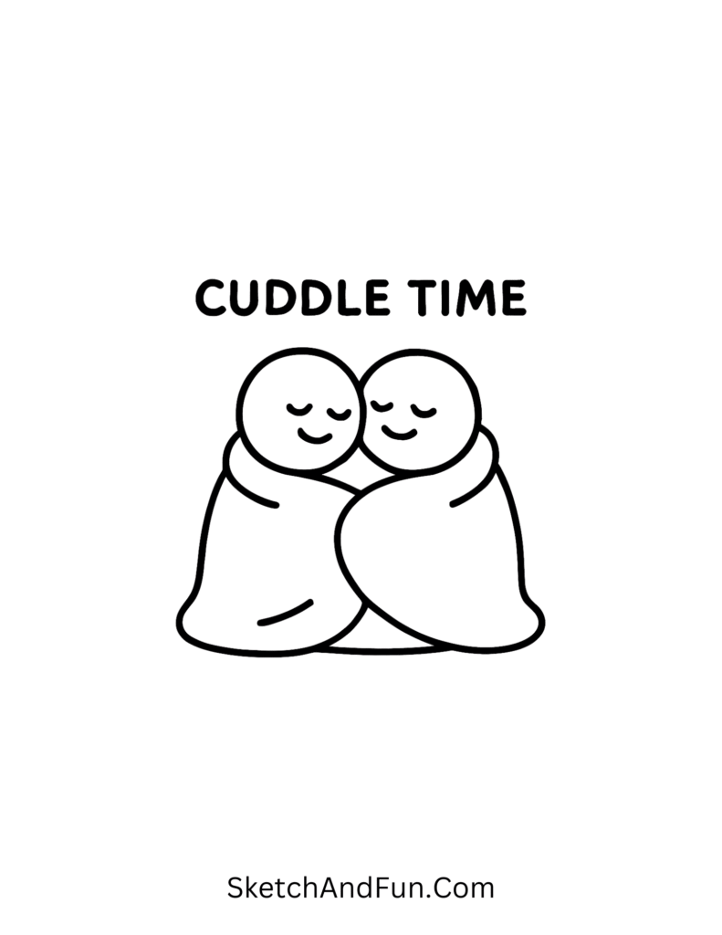 Cozy blanket cuddle scene, cute doodles for boyfriend printable comfort