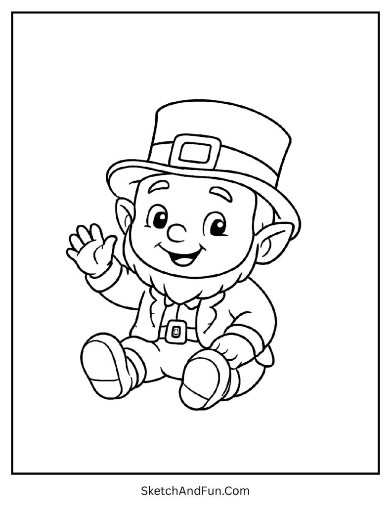 Baby leprechaun waving hello for St Patrick’s Day coloring pages for preschool