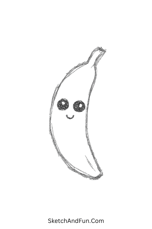 Cute banana with a happy face ideal for easy drawing ideas for greeting cards.