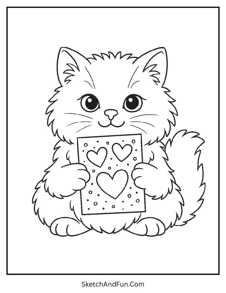 Fluffy cat holding Valentine card – Cute Valentines day coloring pages