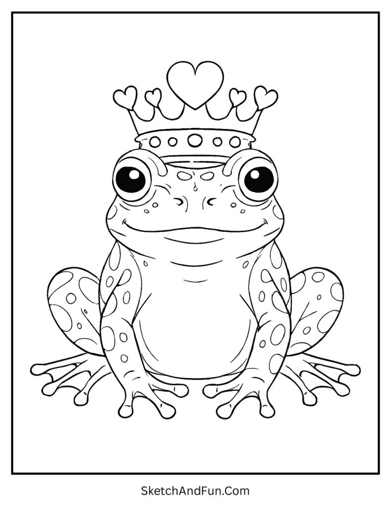 Frog wearing heart-shaped crown – Valentines day coloring pages cute drawings