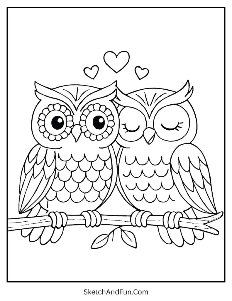 Two owls sitting close on branch – Valentines day coloring pages large print