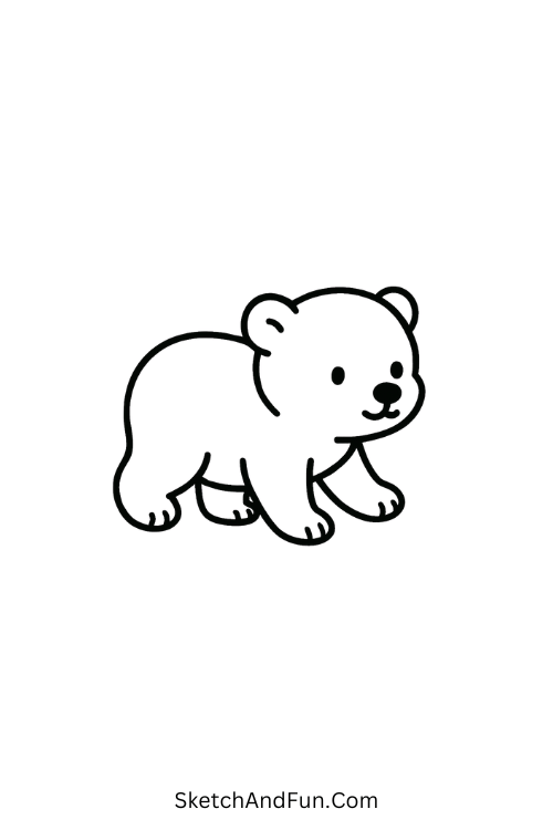 Polar bear cub walking gently for cozy winter drawing for kids