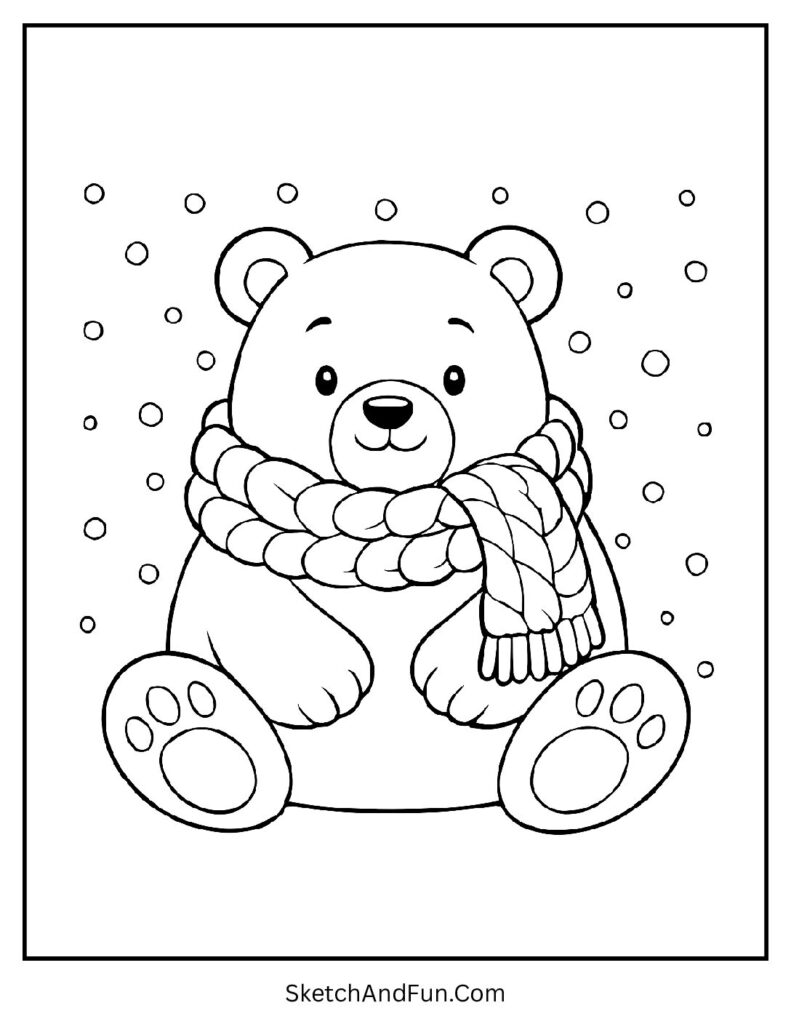 Cartoon-styled bear with cozy scarf in cute polar bear coloring pages