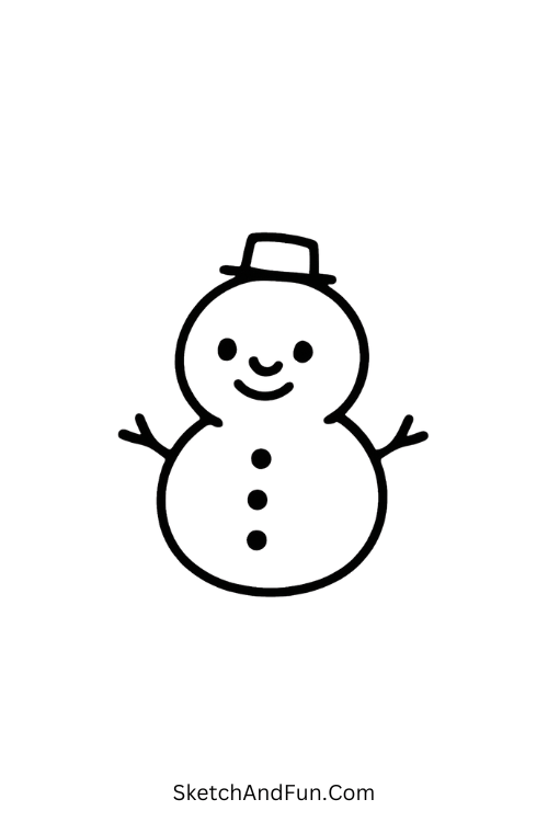 Tiny snowman with hat smiling for how to draw a snowman step by step