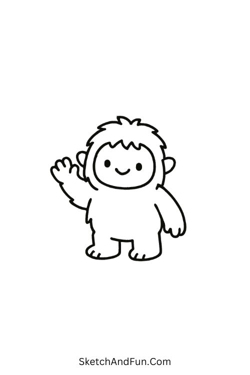 Baby yeti waving happily for winter drawing step by step for beginners