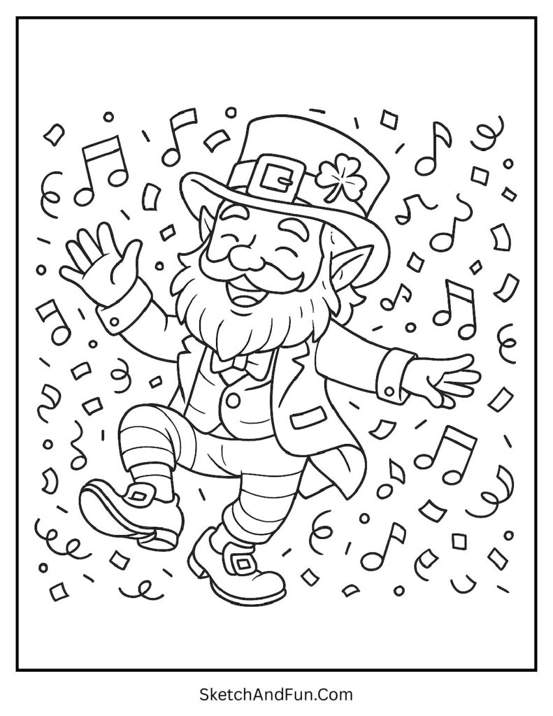 Dancing leprechaun celebration scene for happy St Patrick’s Day coloring pages