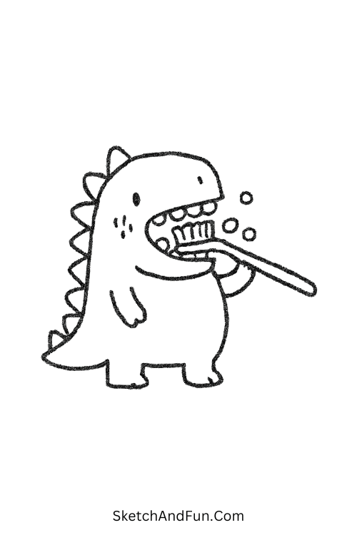 Toothbrush-holding dino for funny drawing ideas for kids