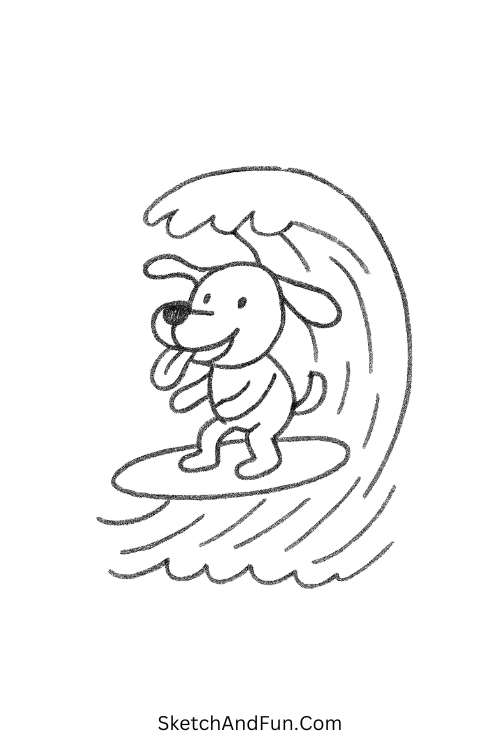 Dog surfing big wave in funny quick sketch drawing