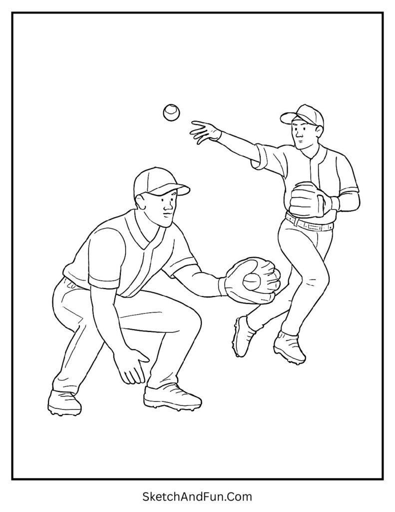 Double play teamwork cute baseball coloring pages scene