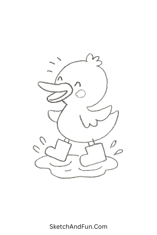 Duck in boots jumping puddles for kid-friendly funny drawing ideas
