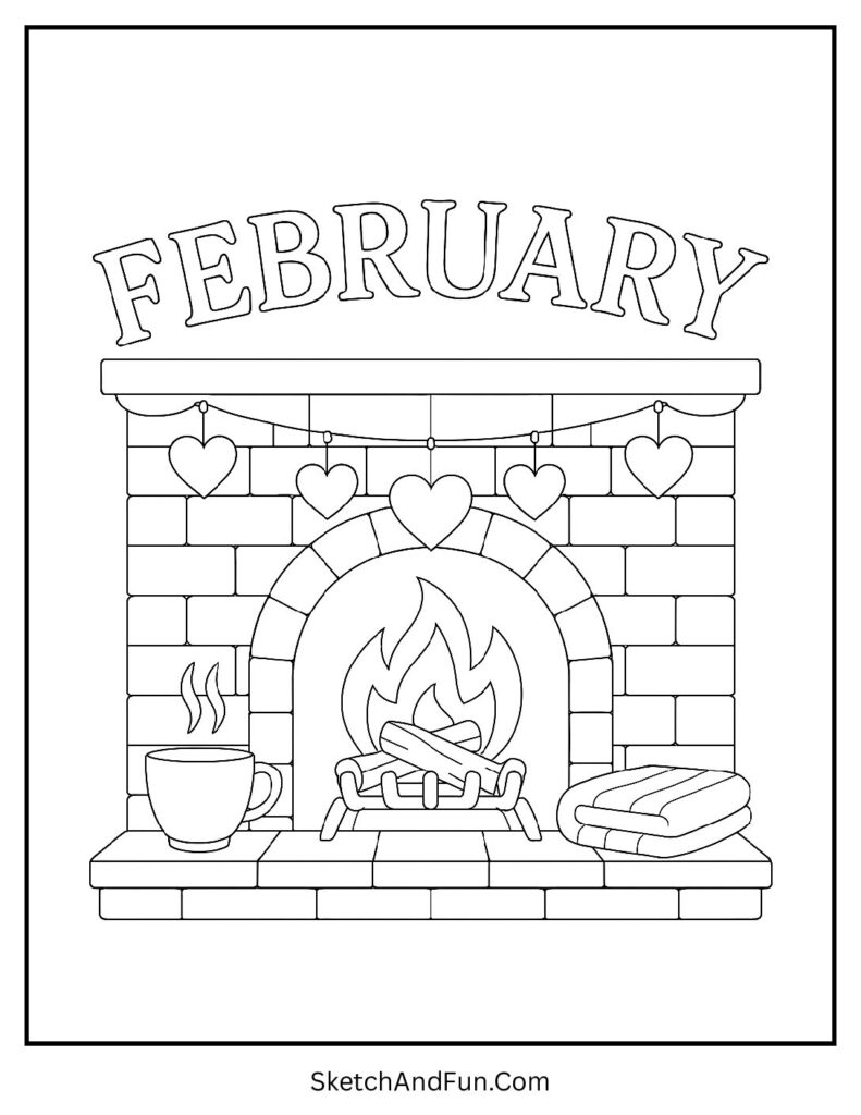 February coloring pages for home with cozy fireplace and hearts