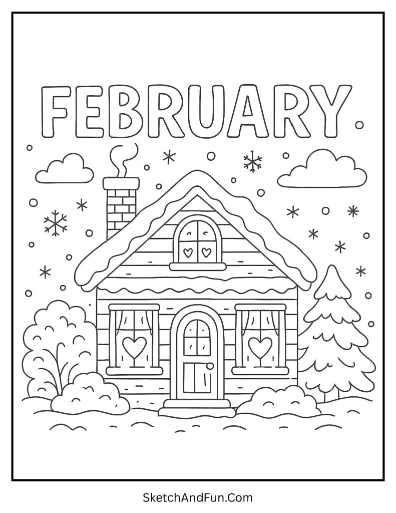 February coloring pages preschool with cozy house and heart windows