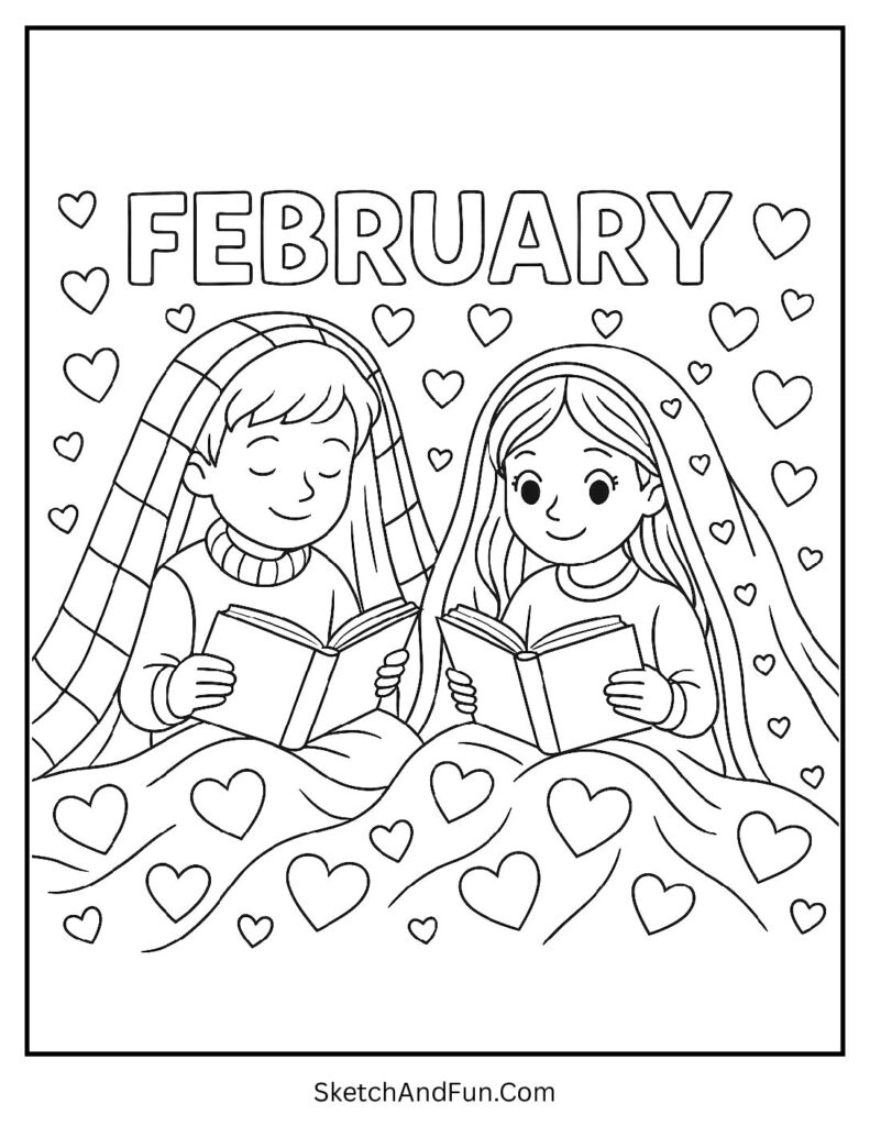 February school coloring sheets with kids reading under blankets