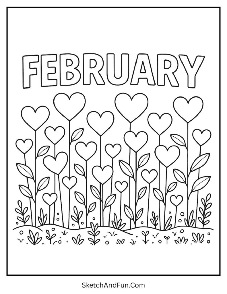 February themed coloring pages with heart flowers spelling February