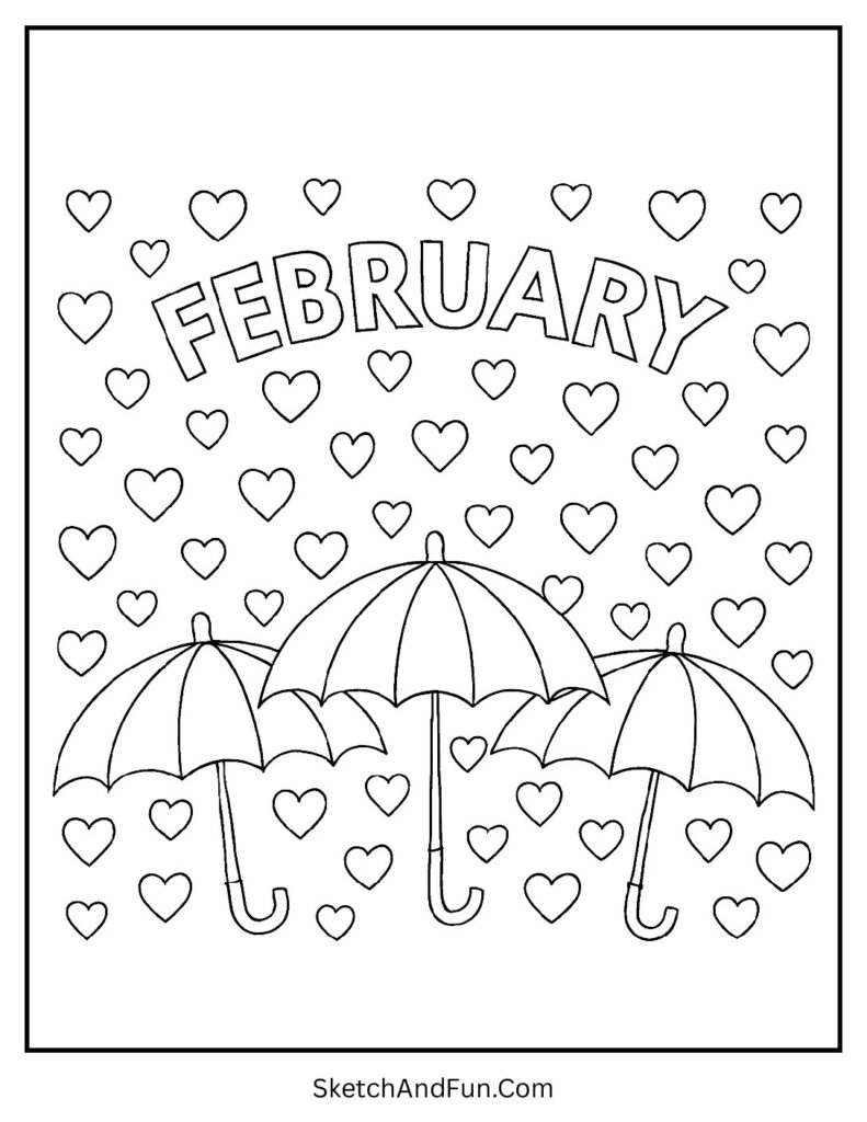 February coloring pages outline with umbrellas catching heart rain