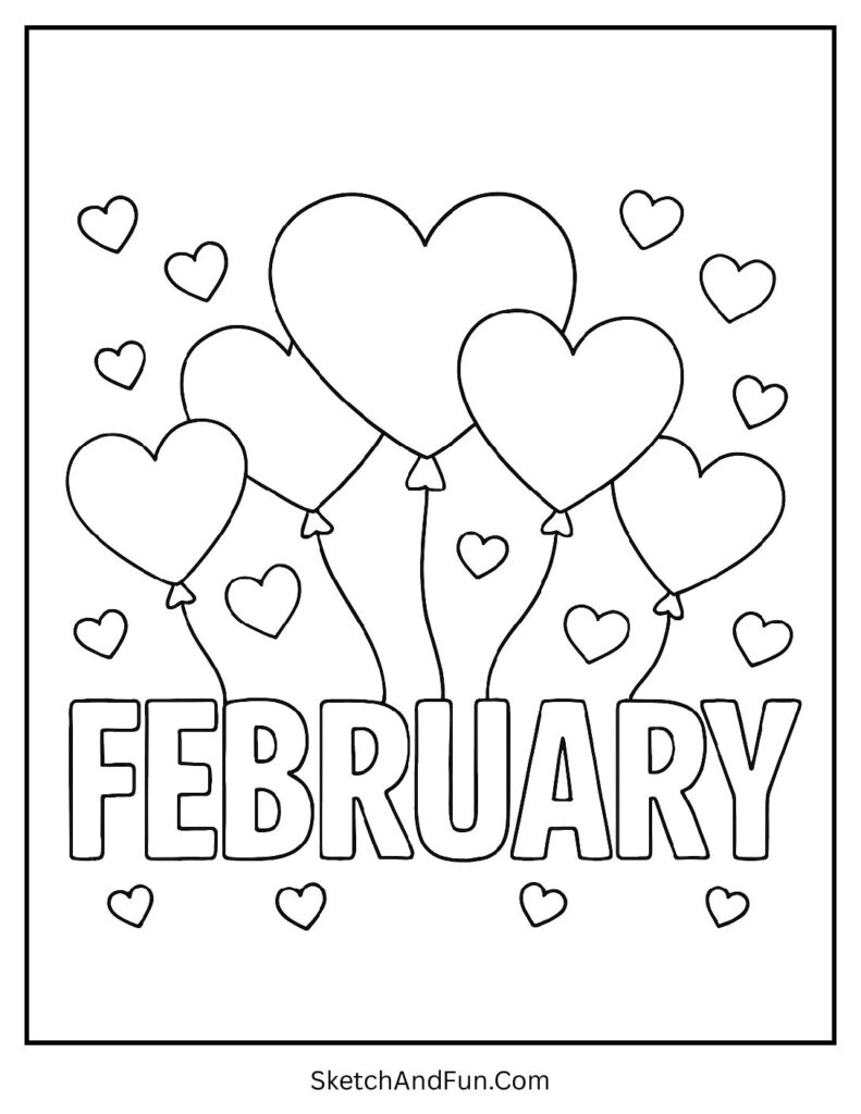 Fun February coloring pages with heart balloons tied to February letters