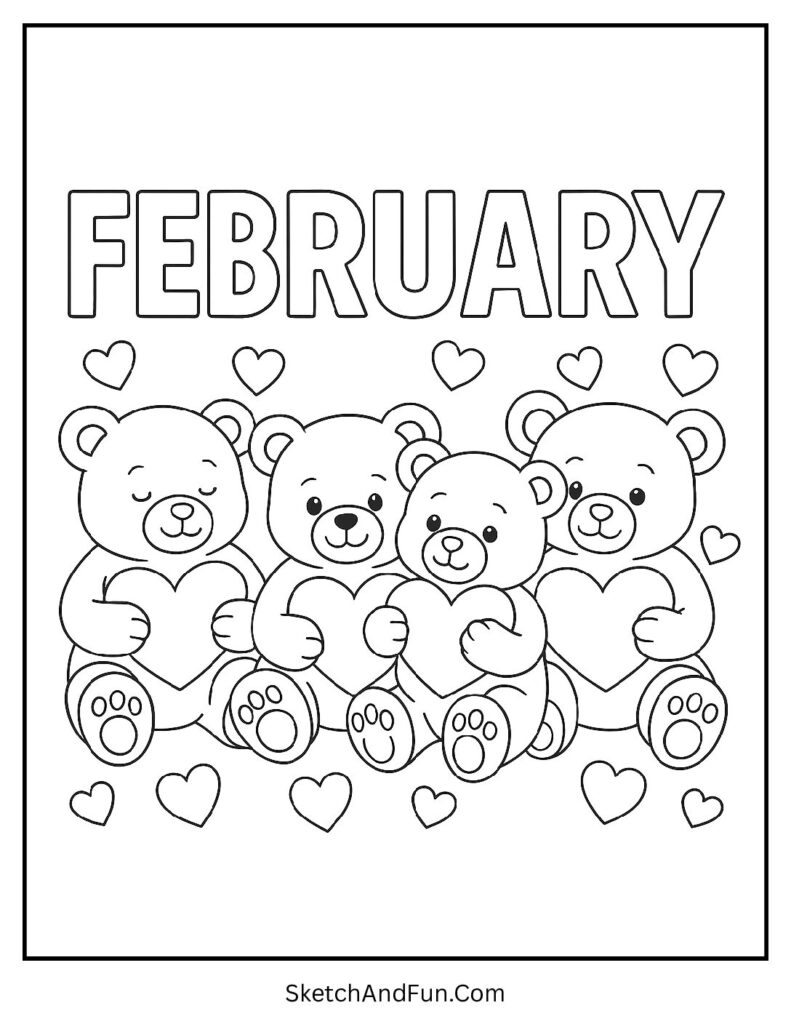 February love coloring pages with teddy bears hugging hearts under letters