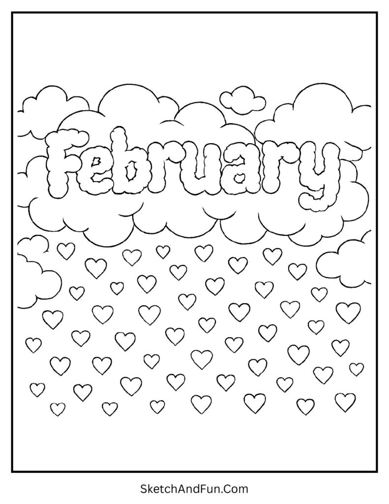 February seasonal coloring pages with heart clouds raining love
