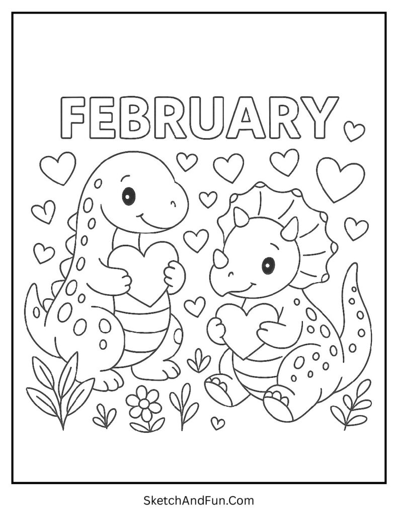 February coloring pages easy with cute dinosaurs holding hearts