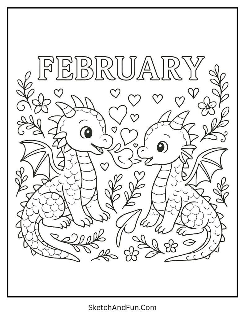 Fun February coloring pages with baby dragons breathing hearts