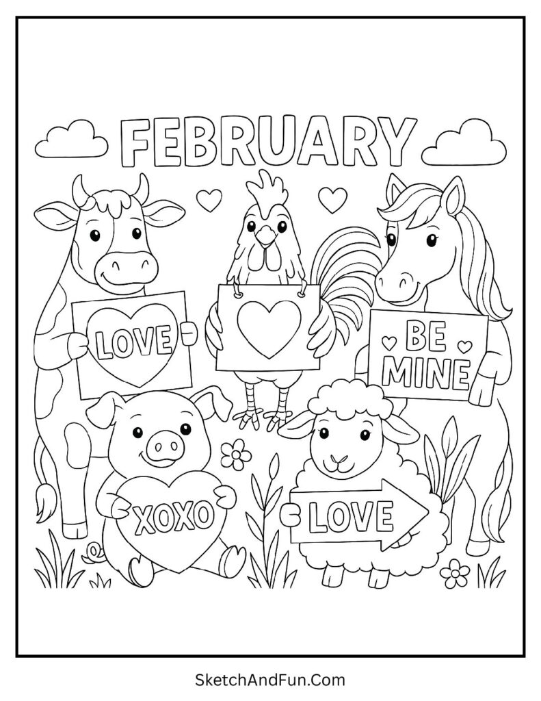 February coloring pages no prep with farm animals holding Valentine signs