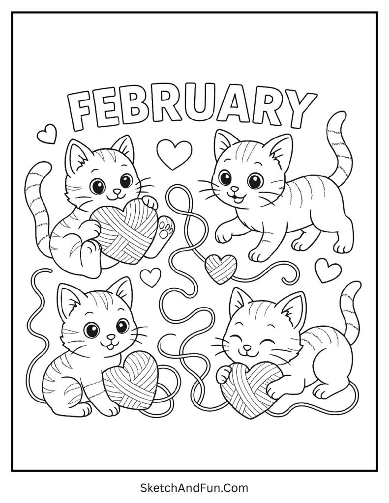 February coloring sheets for kids with kittens playing with yarn hearts