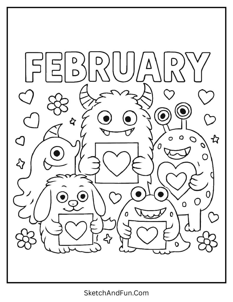 February coloring sheets free with friendly monsters holding cards