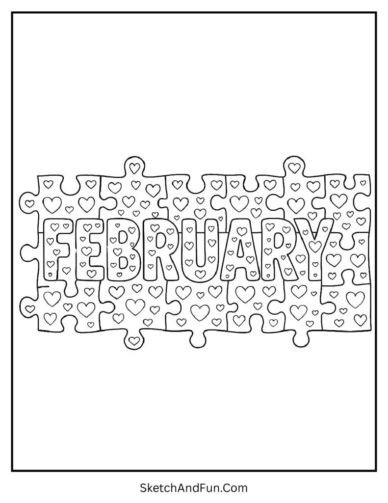 February educational coloring pages with heart puzzle February letters