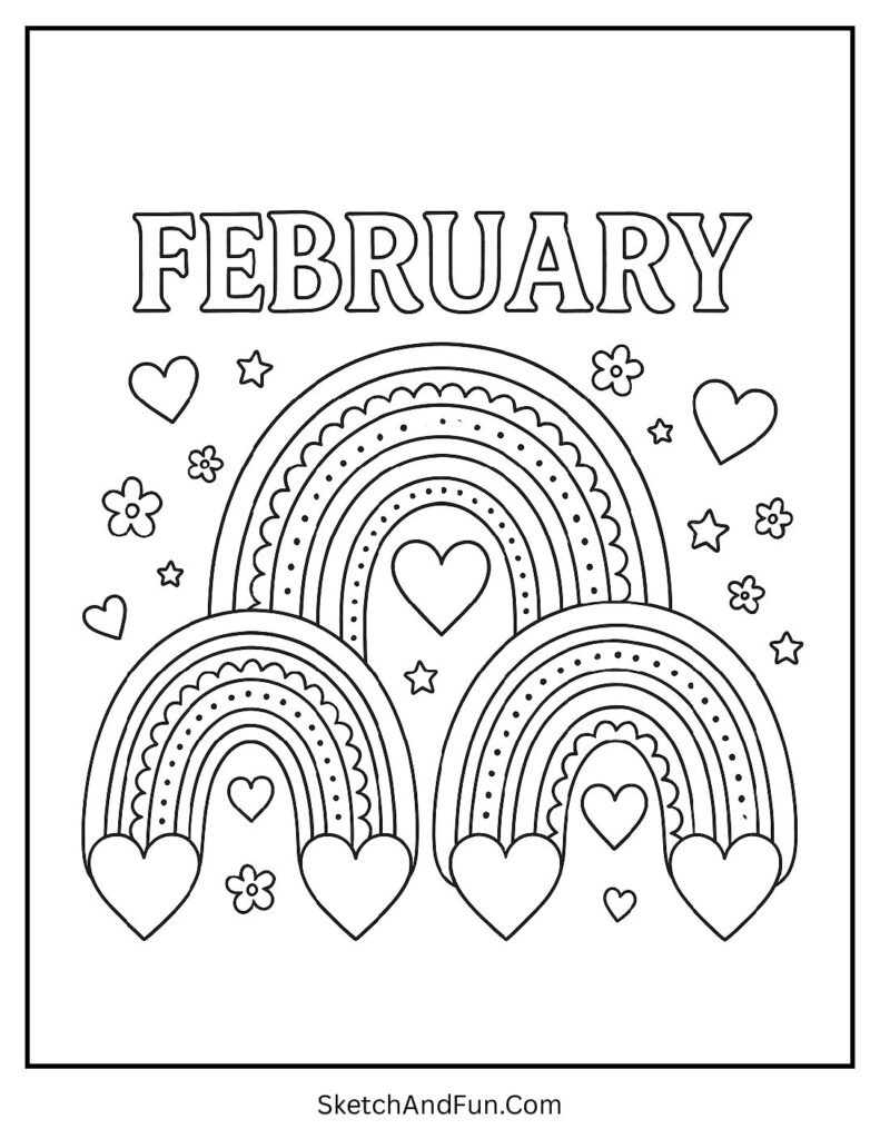 Simple February coloring pages with heart rainbow design