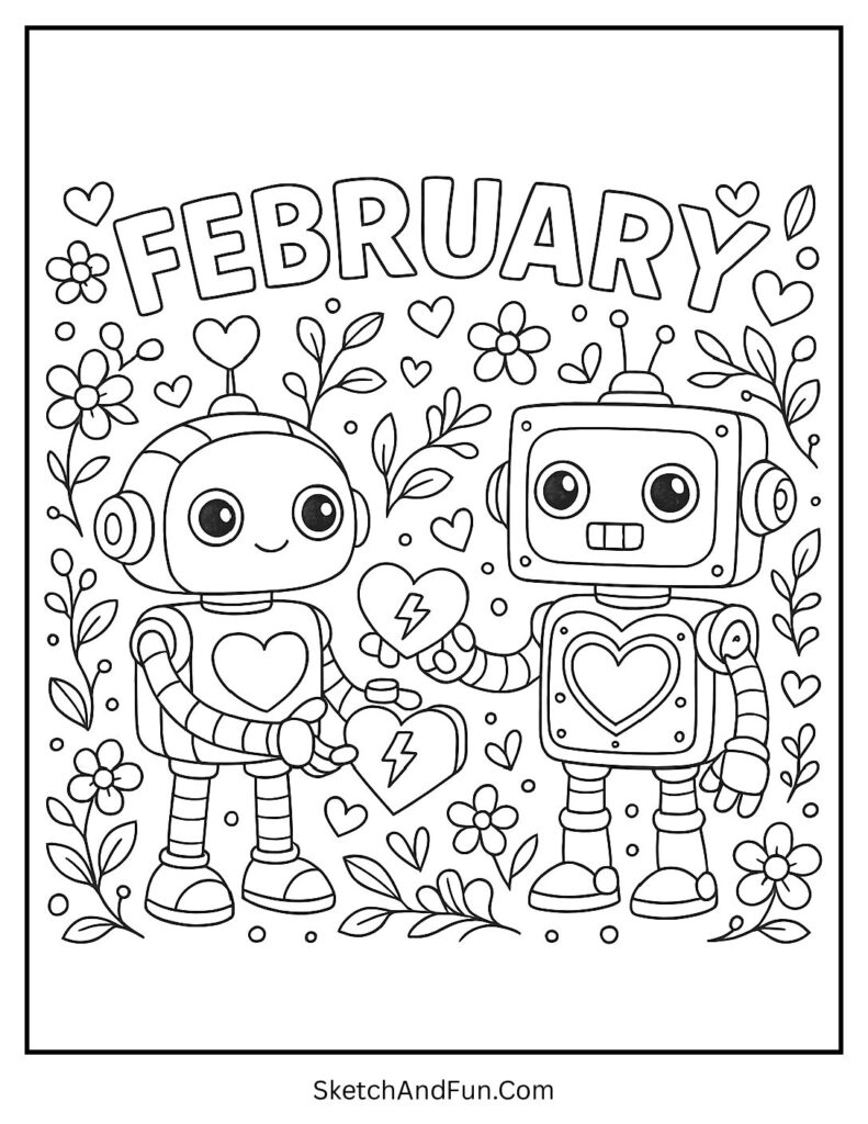 February coloring pages kindergarten with cute love robots