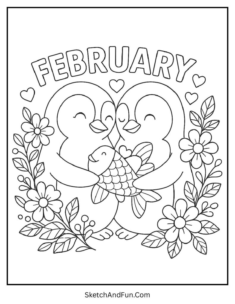 February coloring pages for kids with penguins sharing heart fish