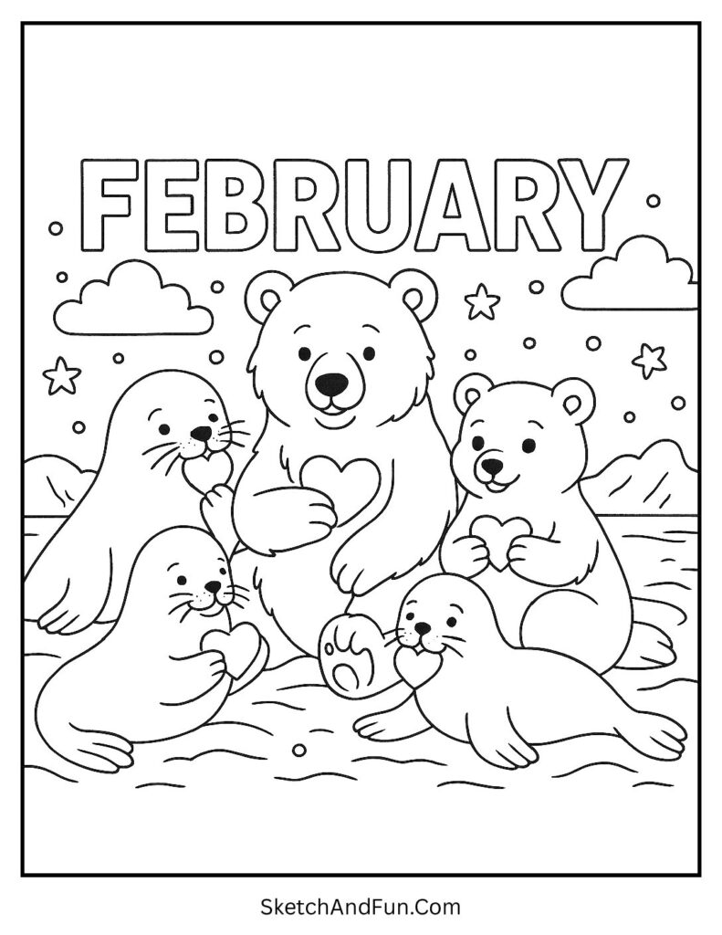 February coloring sheets printable with polar bears and seals sharing treats