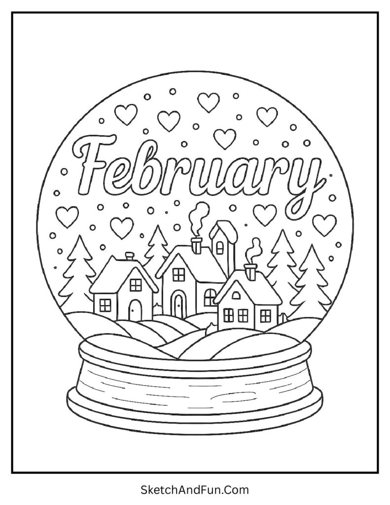 February coloring page pdf showing a snow globe winter village