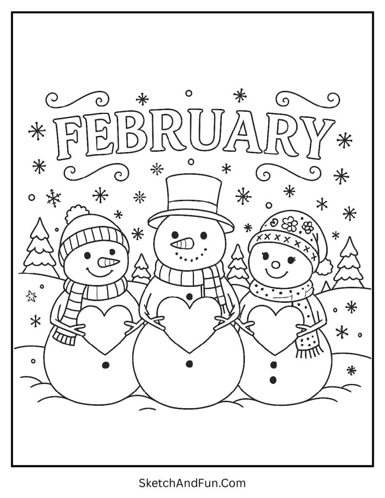 February snow coloring pages with a snowman family holding hearts
