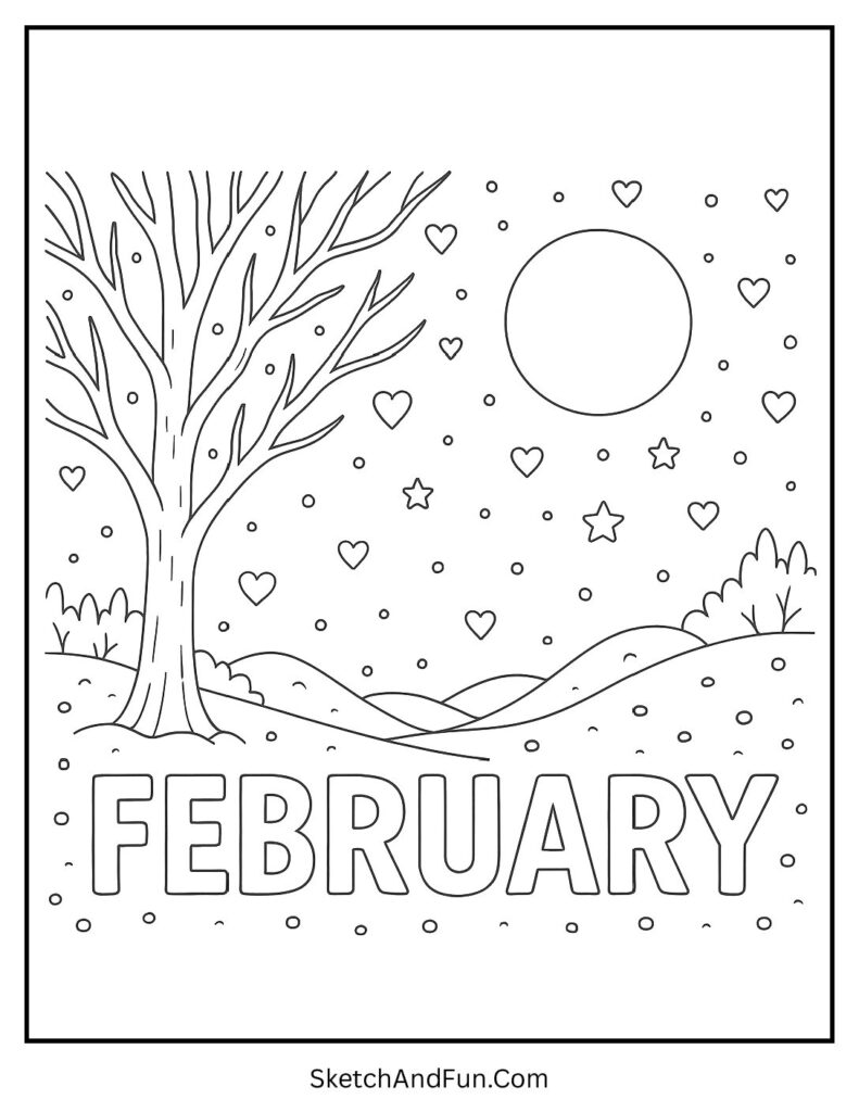 February coloring pages pdf with snowy night and heart stars